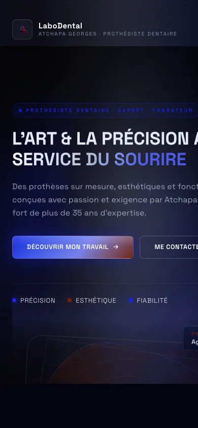 Vue mobile de LaboDental — hero avec titre gradient, deux CTA et l'image néon AG dentition en arrière-plan.