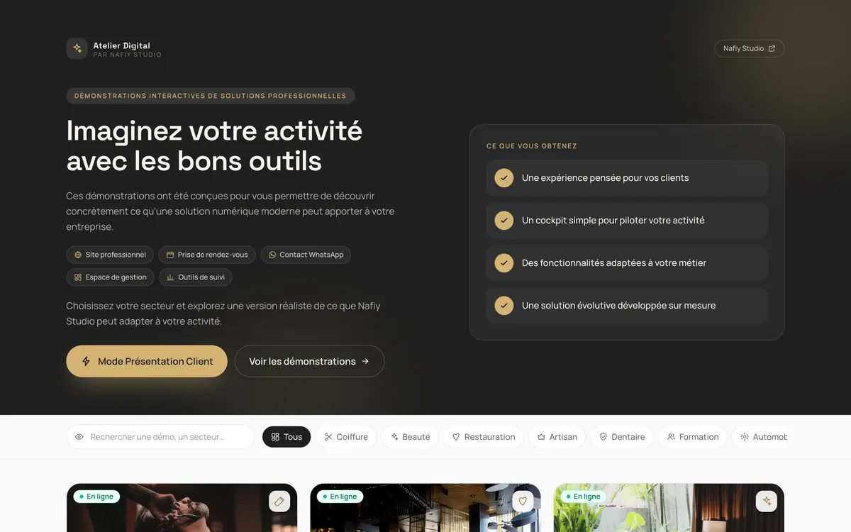 Hub de l’Atelier Digital : « Imaginez votre activité avec les bons outils », un filtre par secteur et les vignettes des démonstrations en ligne.
